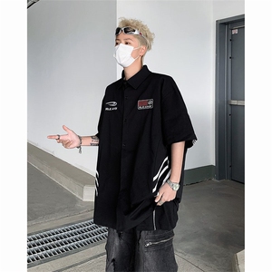 夏季新款衬衫短袖薄款潮牌宽松休闲刺绣设计感衬衣图片