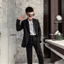 秋冬款纯色小西装半腰带双排扣社会小伙西服套装A328-20332-P165，男装西服套装，星座406
