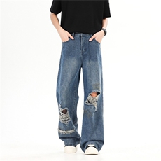 美式破洞牛仔裤男女春夏刺绣设计感休闲直筒裤阔腿裤新款，男装牛仔裤，星座601-1