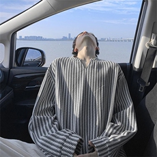 美式高街千鸟格子长袖T恤男女亨利V领英伦雅痞休闲宽松长袖打底衫，男装T恤，电商A486