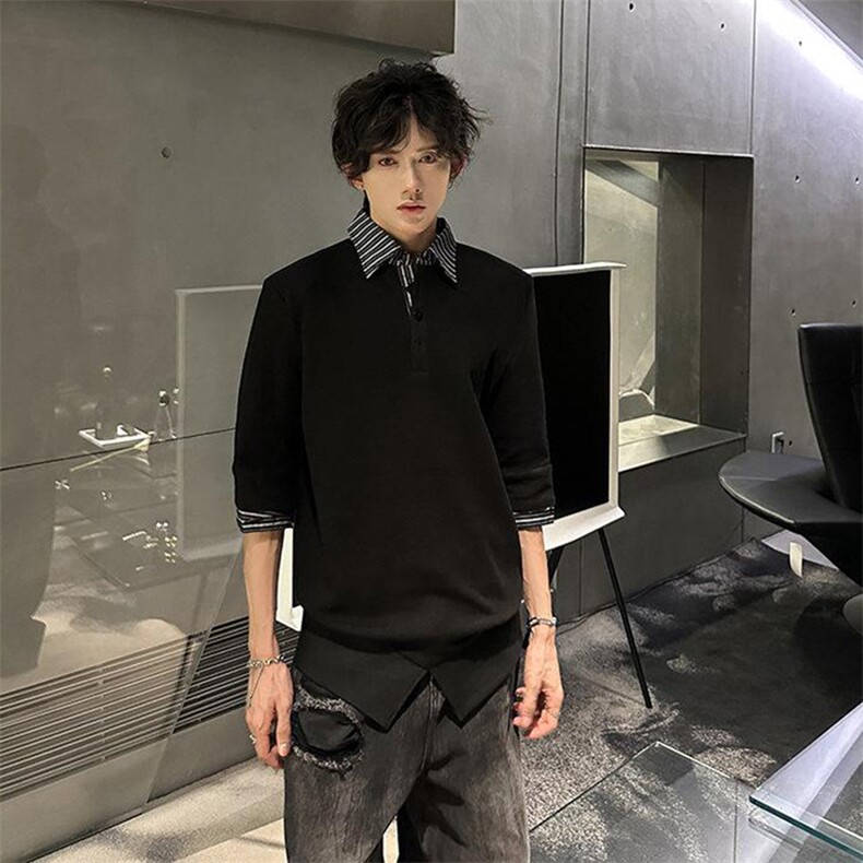 得物抖音高品质二开夏季美式潮牌假两件条纹衬衫翻领高街短袖T恤,男装T恤,电商A486