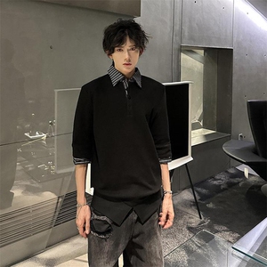 得物抖音高品质二开 夏季美式潮牌假两件条纹衬衫翻领高街短袖T恤图片