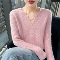 2025舒适百搭v领麻花长袖套头衫羊绒衫，女装羊绒衫，更慕羊绒