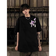 藤蔓花卉刺绣t恤男款夏季潮牌潮流短袖美式高街复古重磅情侣半袖，男装T恤，星座1005