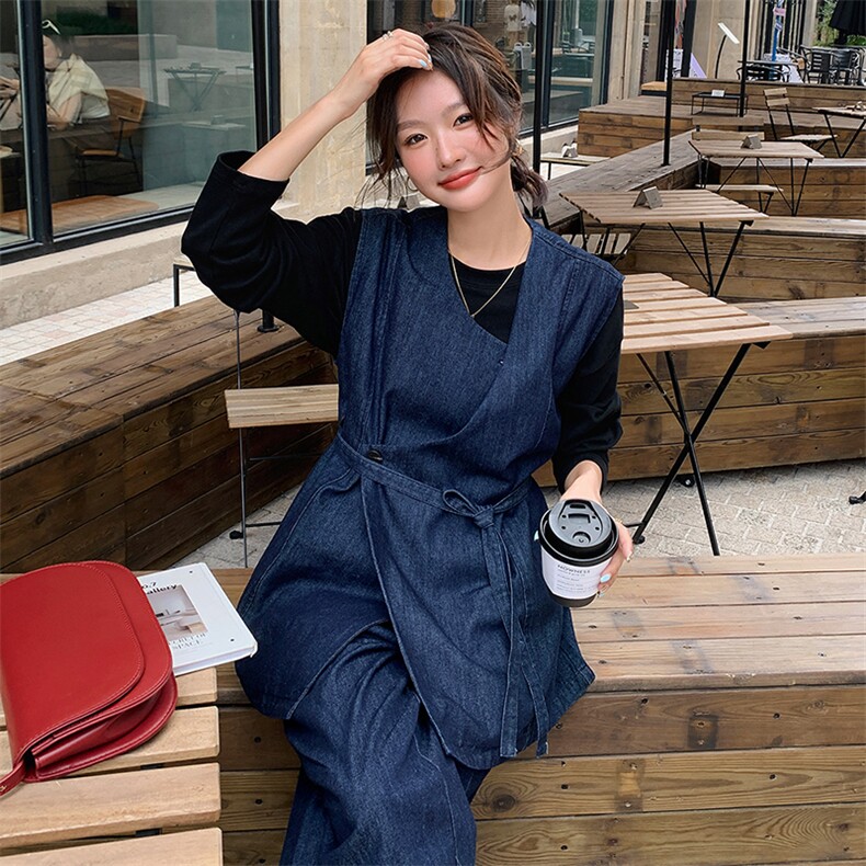 深蓝色不规则松弛感牛仔马甲套装女秋季新款港风轻熟阔腿裤两件套,女装套装/套裙,浙宝305