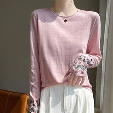 重工刺绣国风长袖针织衫春秋洋气设计感显瘦打底衫气质精纺薄毛衫，女装针织衫/毛衣，凯思米羊绒