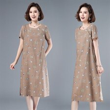 2021年夏季通勤韩版短袖连衣裙A字裙妈妈装旗袍开叉圆领印花裙子，女装连衣裙，伊满意
