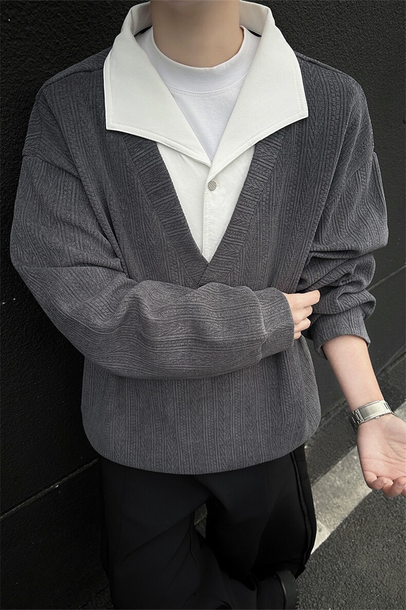 小众设计感假两件翻领卫衣拼接高级感宽松休闲长袖上衣,男装卫衣,电商B319