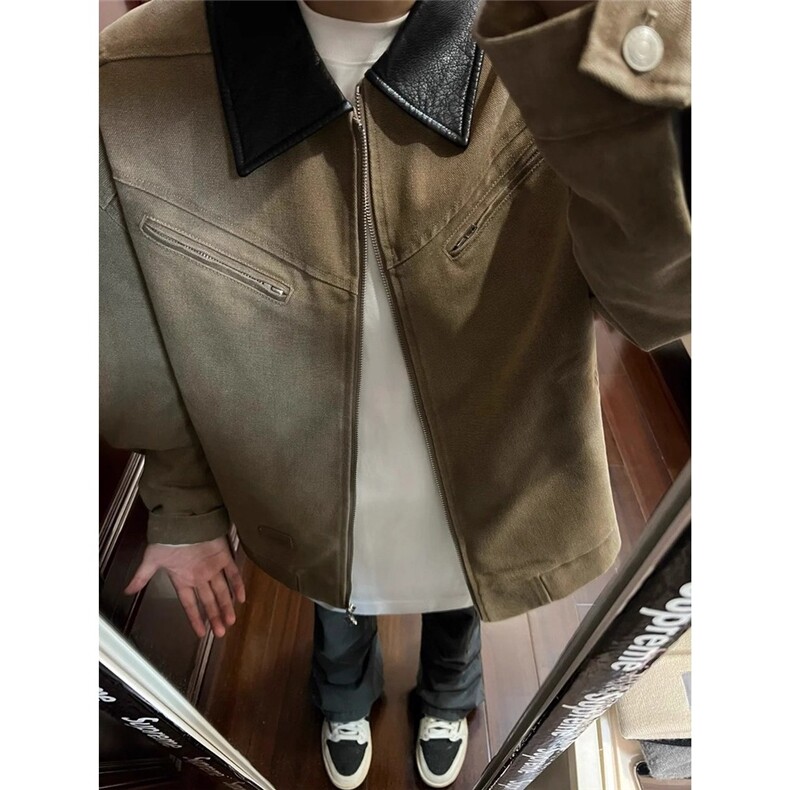 复古美式拼接翻领工装外套男款夹克小众高级感棒球服LJK9822-P80图片