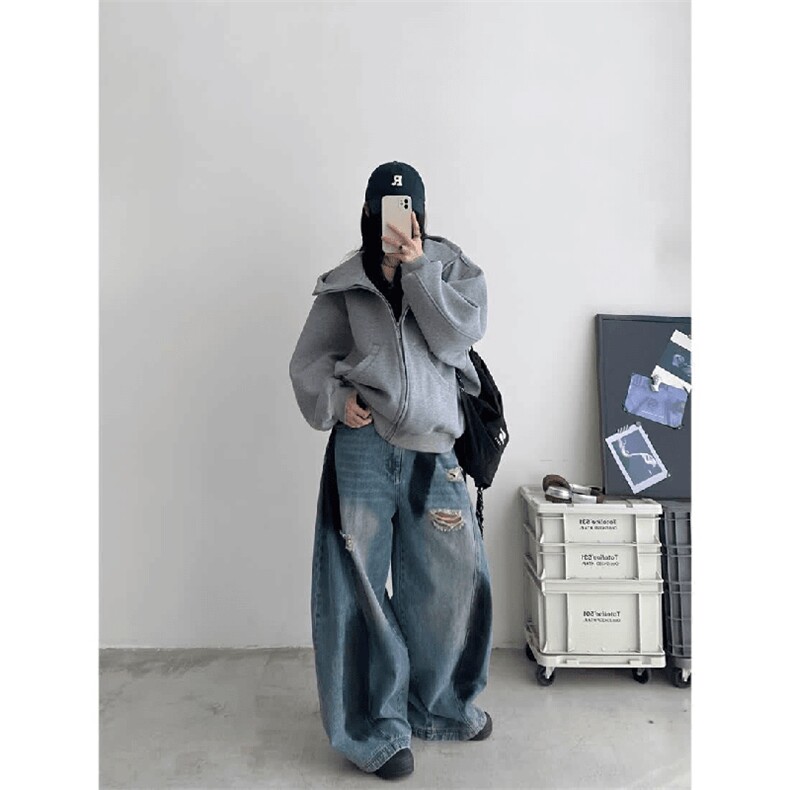 抖音得物高品质26春装美式高街重磅宽松结构高领连帽卫衣外套W60,女装短外套,电商A486