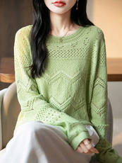 春装新款100%纯棉线镂空针织衫女舒适透气圆领薄款休闲外穿上衣，女装针织衫/毛衣，丹芙娇羊绒