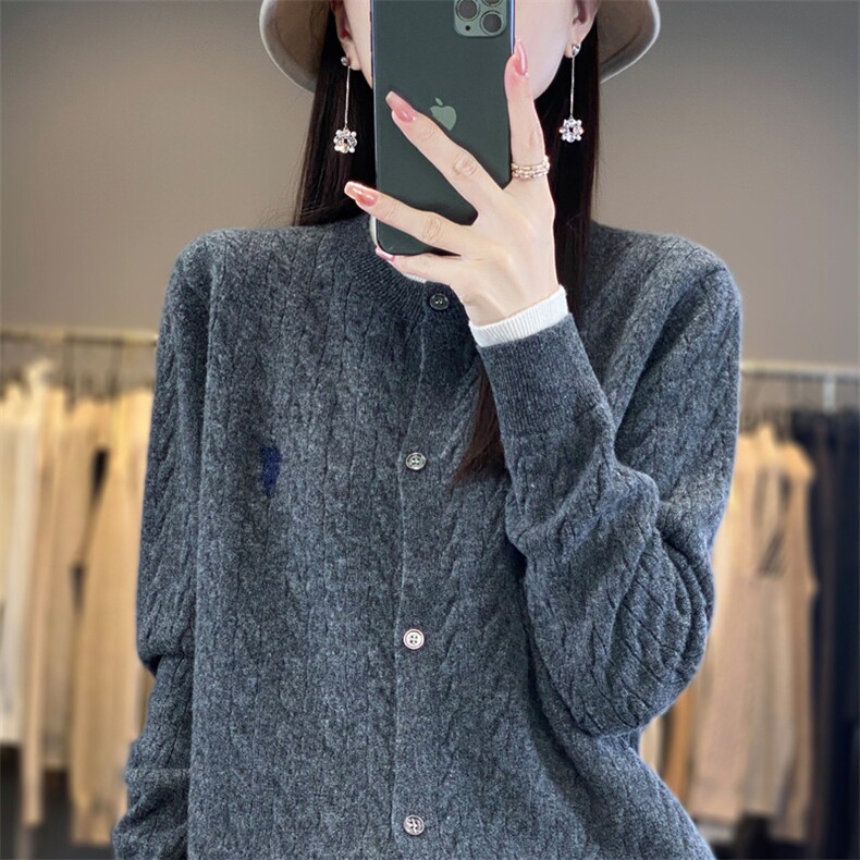 2024秋冬新款羊毛女士圆领纽扣羊毛开衫,女装羊毛衫,润辉羊绒