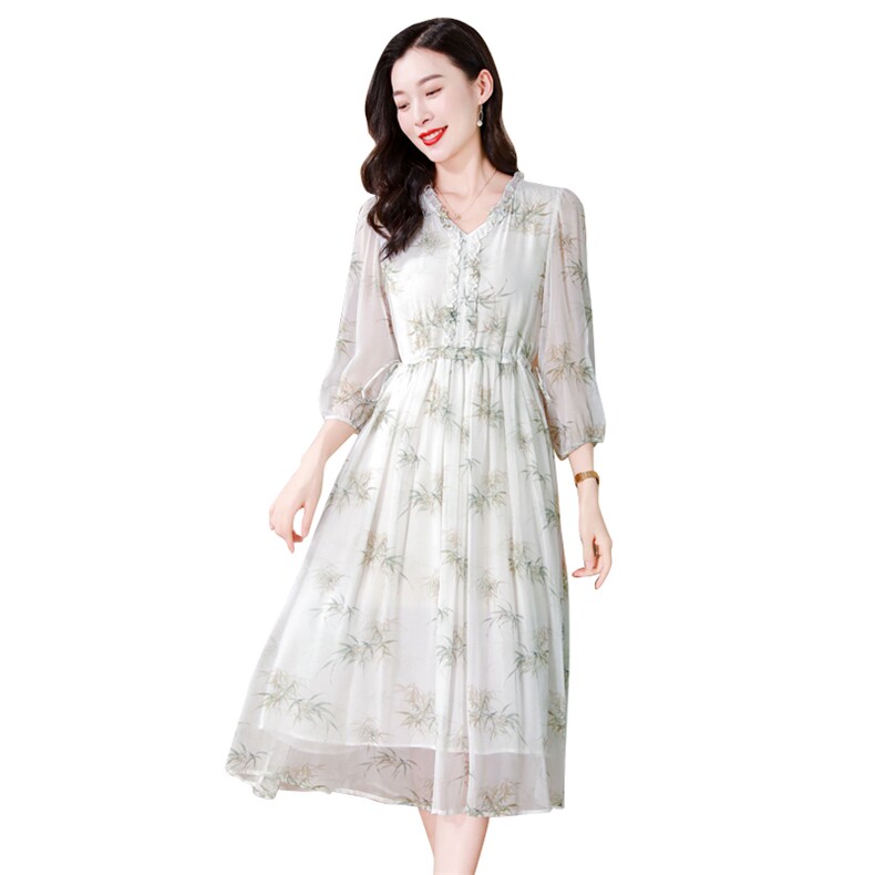 妈妈气质V领白色真丝连衣裙女春夏2025新款海边度假显瘦桑蚕丝裙,女装连衣裙,阿舍尔精品