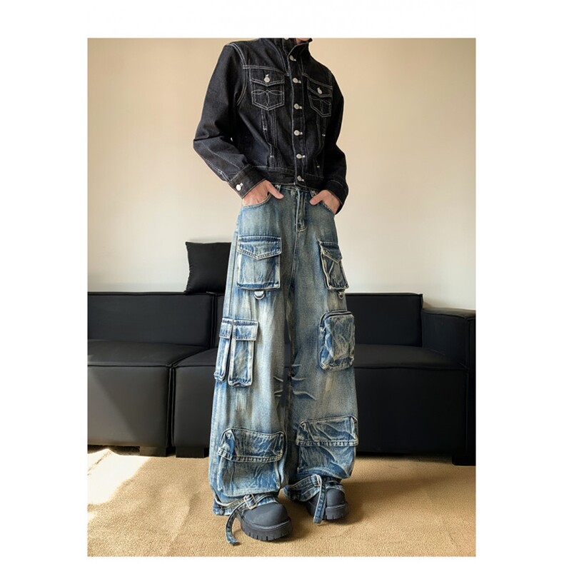 美式复古多口袋工装牛仔裤男女街头做旧水洗阔腿裤子潮N08124-P80,男装牛仔裤,星座308B-2