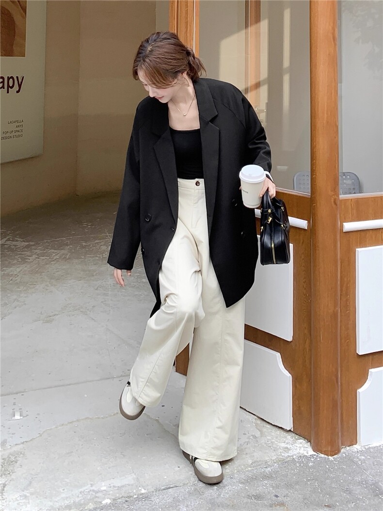 休闲薄款西服黑色翻领宽松西装外套秋,女装西装,2C033
