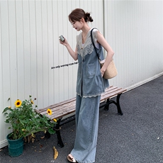 主推新款女装复古蕾丝牛仔马甲时尚套装女2218-P205-K315，女装套装/套裙，网红馆