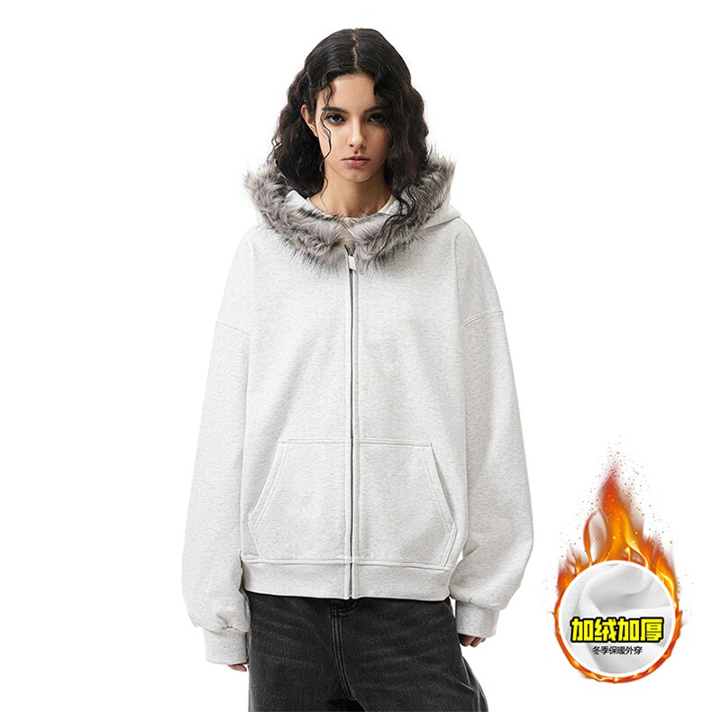 480G重磅加绒硬挺boxy秋冬美式高街超大毛领座山雕连帽卫衣厚外套，女装短外套，电商A486-1