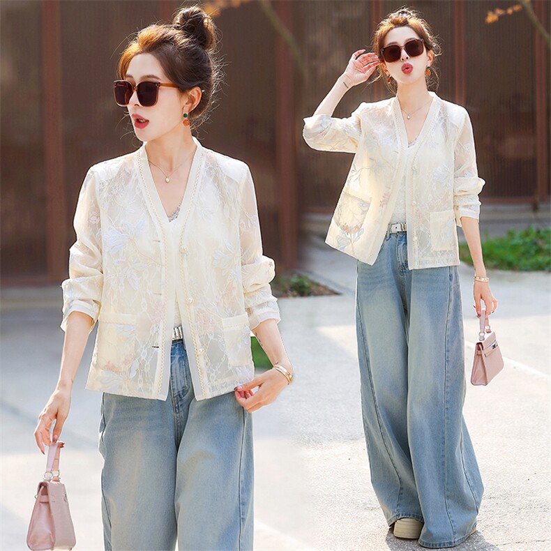 小香风蕾丝刺绣轻薄外套女2026春季新款显瘦气质V领防晒开衫上衣，女装短外套，奕薇雅