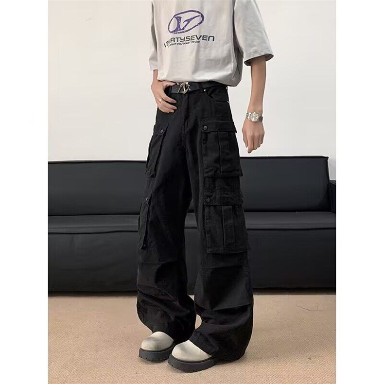 YC0222-P63美式复古褶皱大口袋工装牛仔裤春秋新款街舞嘻哈阔腿裤,男装牛仔裤,电商C233