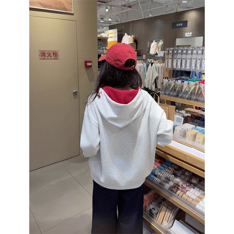 藏青色撞色拉链开衫连帽卫衣男款秋季cleanfit宽松休闲情侣外套,女装短外套,星座506A