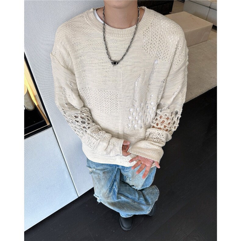 破洞镂空毛衣复古高级感破洞不规则毛衣男秋冬季镂空慵懒针织衫，男装针织衫/毛衣，星座302B-2