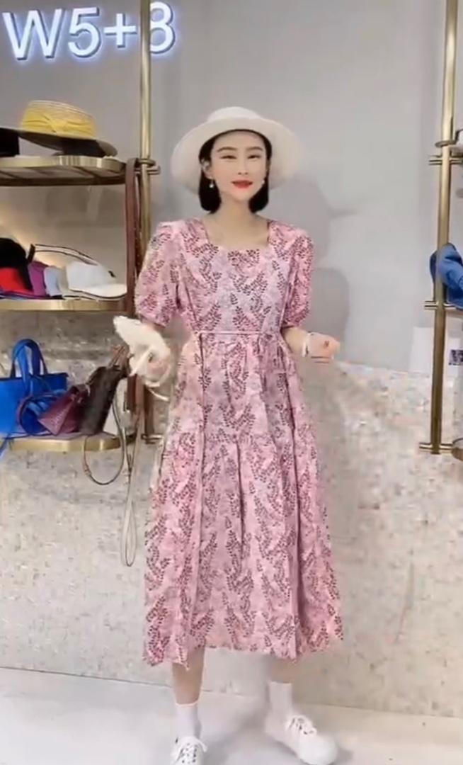 DG886夏季新款时尚树叶印花温柔优雅风气质修身连衣裙,女装连衣裙,L·H·X