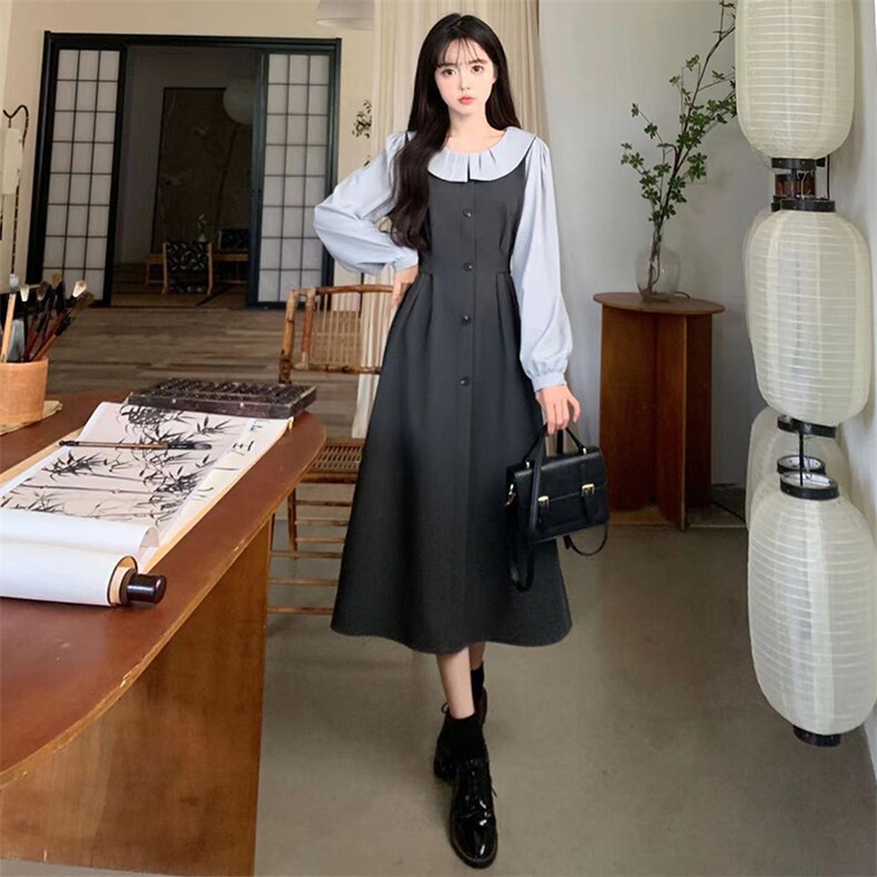 娃娃领衬衫拼接假两件连衣裙女2025春季新款小个子高级感长裙子,女装连衣裙,星宇服饰