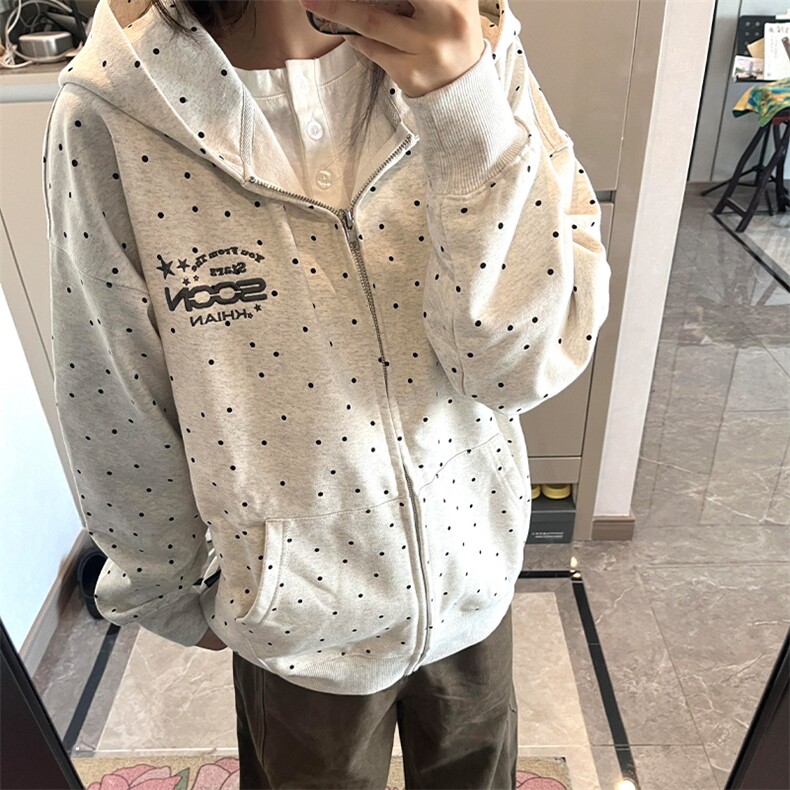 复古波点刺绣连帽卫衣百搭情侣外套610A-1-LY331P46加绒P50,女装短外套,星座610A-1