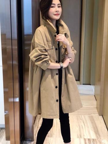 DG863早春新款抽绳松紧腰宽松翻领中长款风衣外套,女装风衣,L·H·X