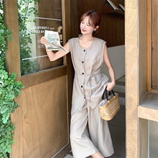 现货！系带圆领上衣+高腰7分阔腿裤套装6808-P135-K208，女装套装/套裙，2D034