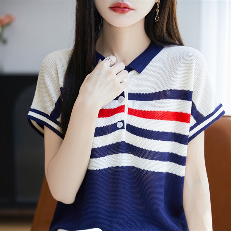 娃娃脸条纹针织短袖T恤女2025夏季新款洋气打底衫天丝薄款上衣t恤,针织衫/毛衣,郡淞羊绒