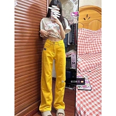 牛仔裤女2025新款夏季美式高街复古黄色休闲窄版直筒阔腿裤子潮流，男装牛仔裤，星座506A
