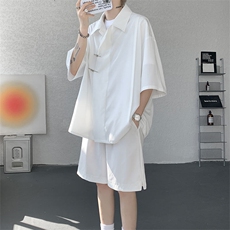 TZ785-特p55控98新中式风斜门襟飞机扣冰丝短袖衬衫大码套装，男装T恤，电商A059
