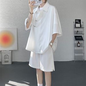 TZ785-特p55 控98 新中式风斜门襟飞机扣冰丝短袖衬衫大码套装图片