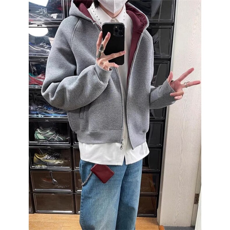 2025新款短款连帽卫衣开衫男女春秋美式潮牌重磅撞色情侣帽衫外套,女装短外套,四季星座505