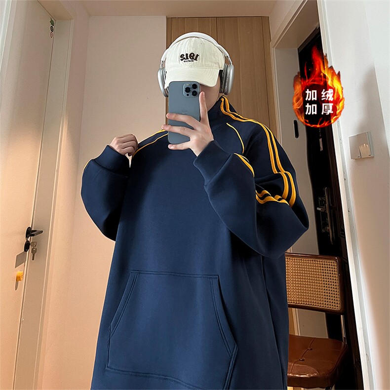 W8901加绒-P68秋冬大码纯棉男女同款两条杠加绒加厚立领卫衣,男装卫衣,星座109
