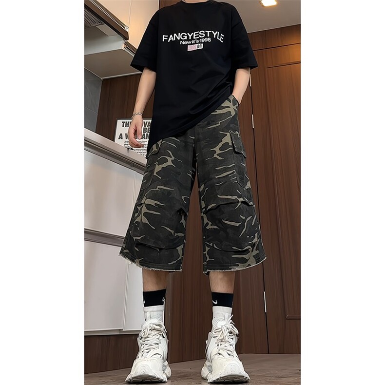 迷彩七分牛仔短裤男款夏季美式复古hiphop工装裤子过膝六分马裤,男装牛仔裤,电商B221