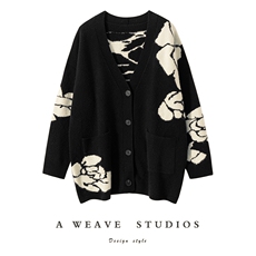 新款针织v领花卉提花开衫时百搭，女装针织衫/毛衣，亿嘉羊绒