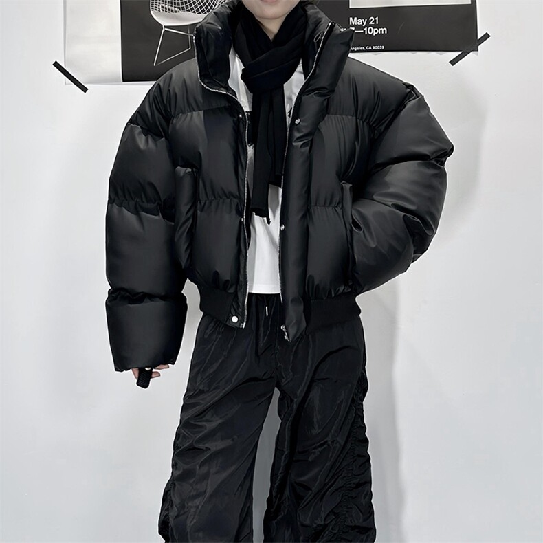 现货5W件冬季三防重磅硬挺boxy短款羽绒立领PU皮棉衣外套加厚棉服，男装棉衣，电商A486-1