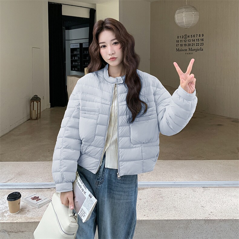 极简风休闲轻羽绒服女2025冬季新款韩系立领保暖白鸭绒百搭厚外套,女装羽绒服,玖莱伊