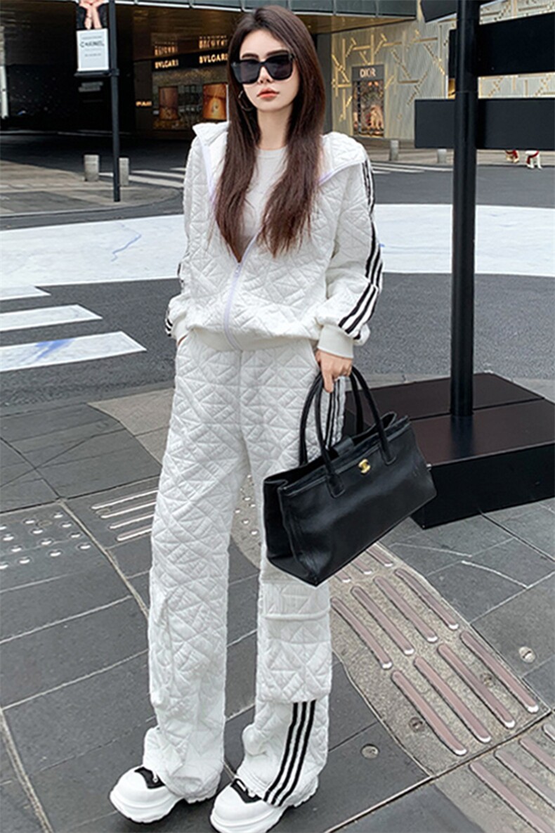 女春菱形格高级感连帽卫衣直筒裤套装,女装套装/套裙,江南