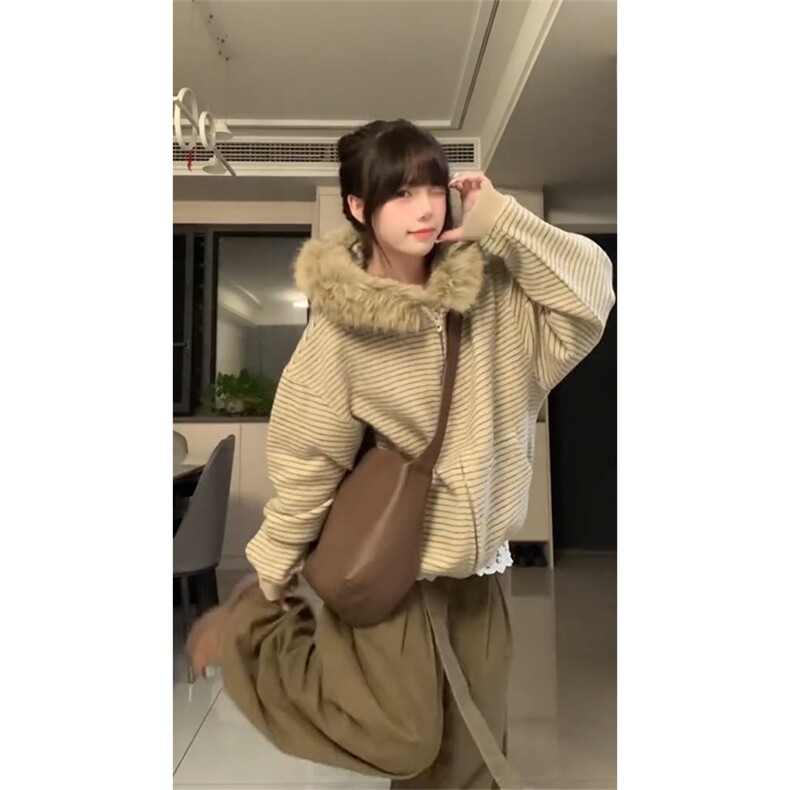 XZ1005-1-TTH0172-P88条纹可拆卸毛领拉链开衫卫衣连帽情侣外套,女装短外套,星座1005-1