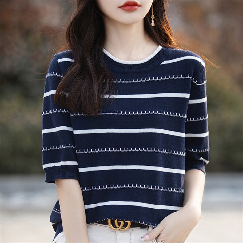 夏季100%纯棉针织短袖T恤衫女圆领薄款拼色半袖上衣宽松套头打底,针织衫/毛衣,斯美雅电商供货