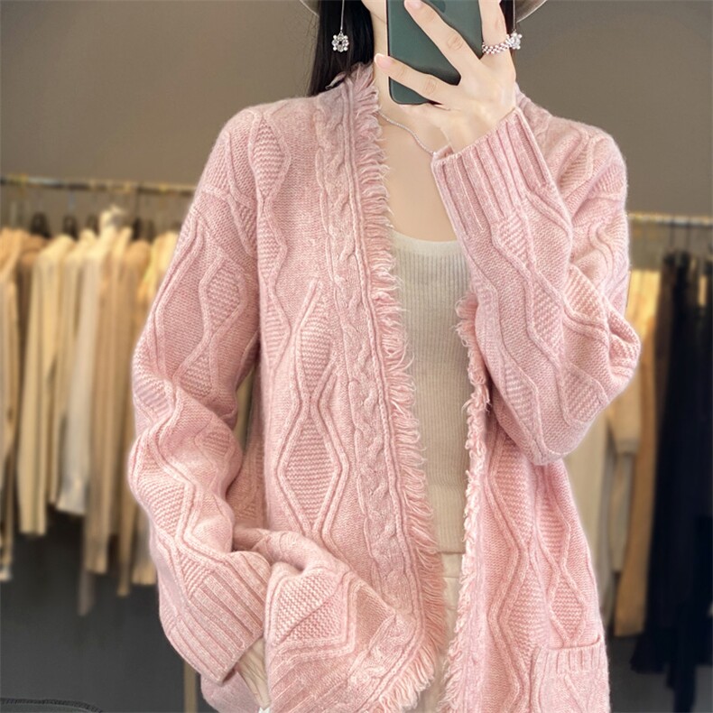 中长款100%纯羊毛开衫外套女V领流苏针织毛衣宽松慵懒羊绒衫上衣图片