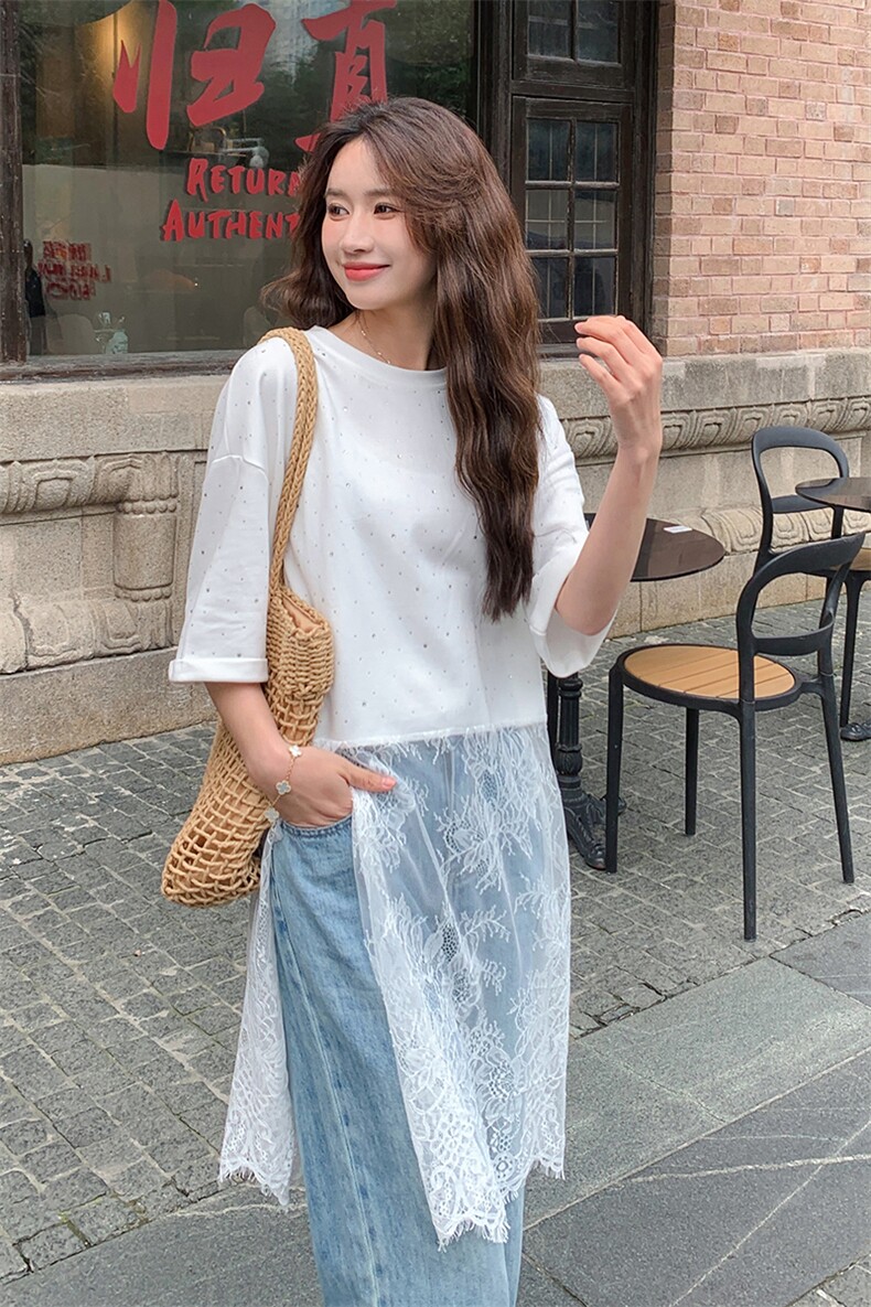 重工烫钻蕾丝拼接白色t恤连衣裙女2025新款慵懒松弛感屁帘叠穿,女装蕾丝衫/雪纺衫,2C087