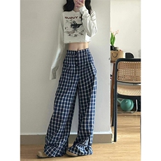 AK2481-P50慵懒松弛感穿搭设计感小众翻腰蓝色格子裤女，女装休闲裤，星座617A-2