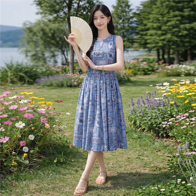蓝色印花无袖宽松版时尚学院风连衣裙,女装连衣裙,水衣源