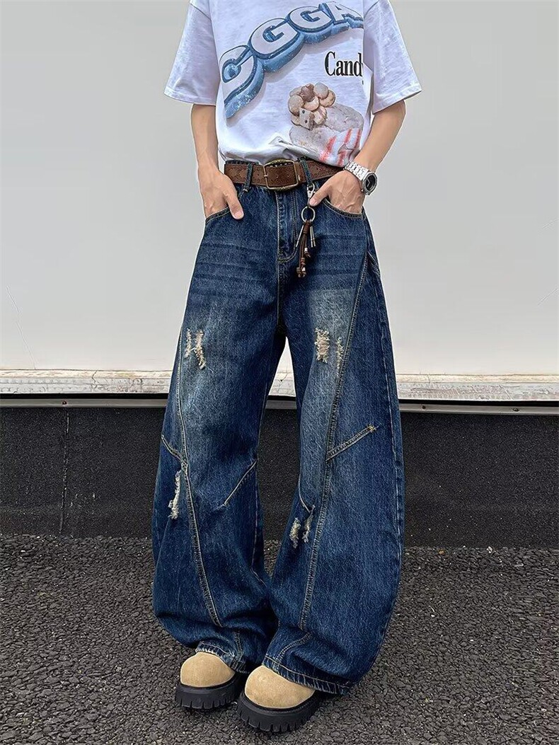 2025新款磨破阔腿牛仔裤美式高街直筒水洗潮流3162P55，男装牛仔裤，星座410-2