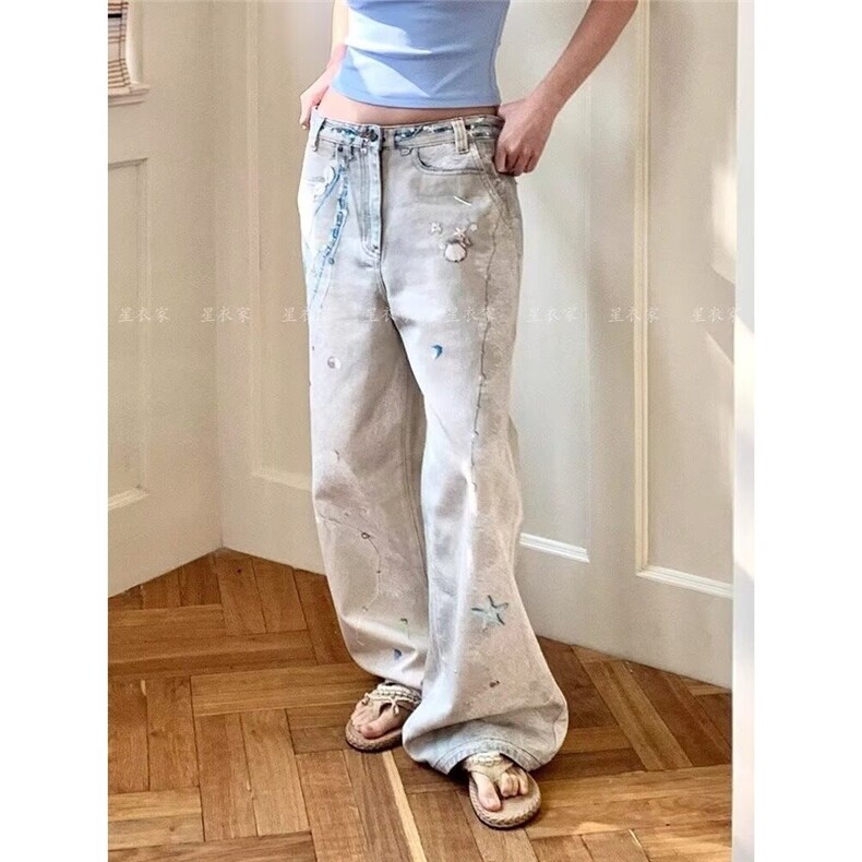 链条蕾丝印花牛仔裤女夏季泼墨设计脏染直筒阔腿裤显瘦百搭拖地裤,男装牛仔裤,星座410-7