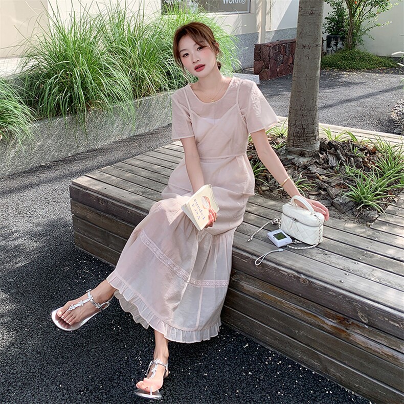 高端时尚套装裙女2025夏季新款洋气宽松系带收腰小衫吊带裙套装,女装套装/套裙,幸运星